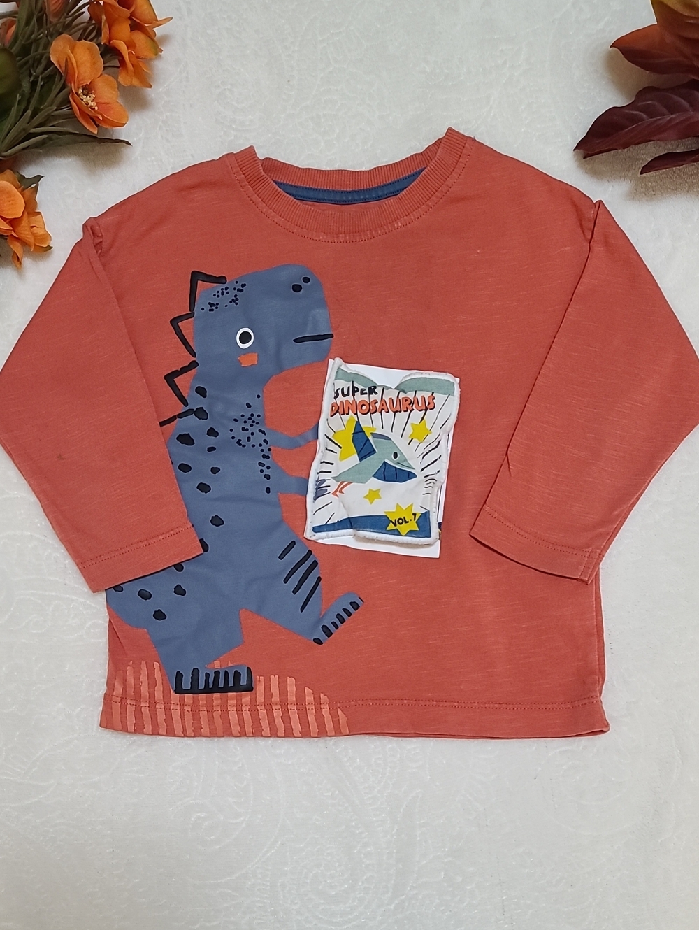 Dinosaur Comic Book Open Graphic Long Sleeve T-Shirt UK Brand Nutmeg Orange